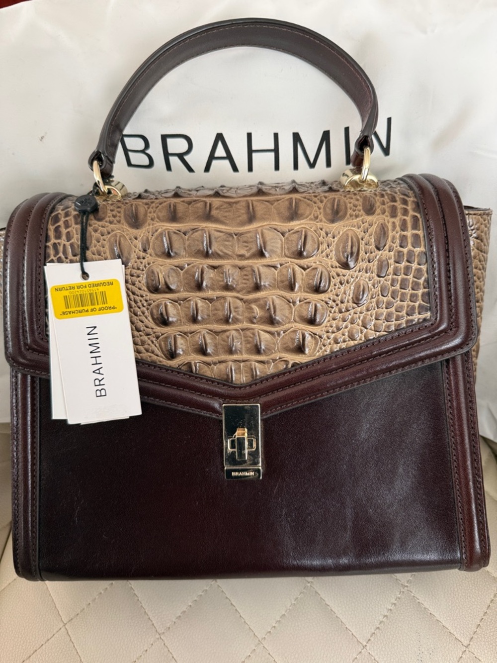 Brahmin Two-Tone Brown & Tan Croc-Effect Top-Handle Satchel